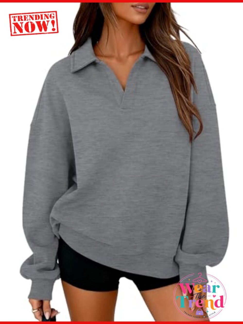 Oversized Polo V Neck Fleece Sweatshirt Cotton Blend Pullover